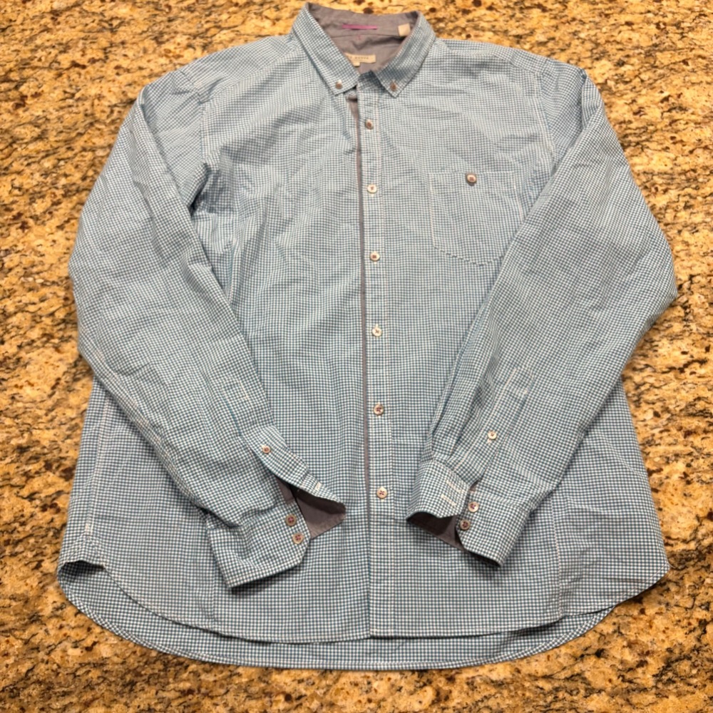 Ted Baker London Mens Blue Gingham Button Down Shirt Size 7 Long Sleeve ws